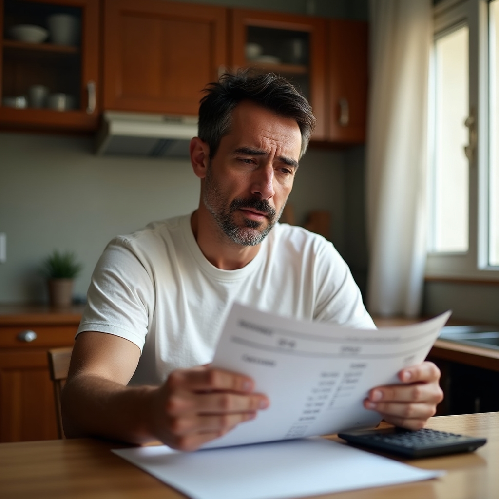 Worker reviewing monthly expenses and income on paper at a kitchen table