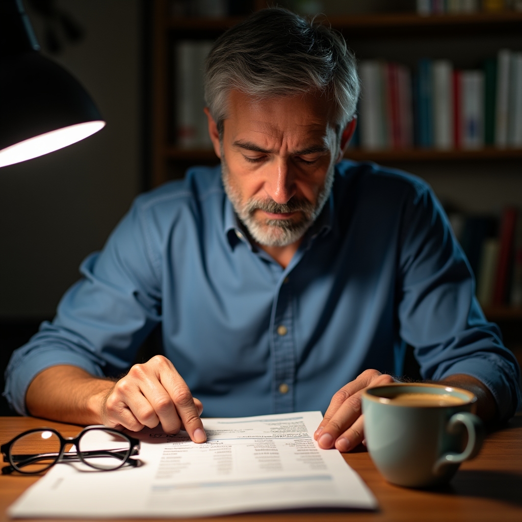 Person reading a credit card statement carefully at a desk with a cup of coffee