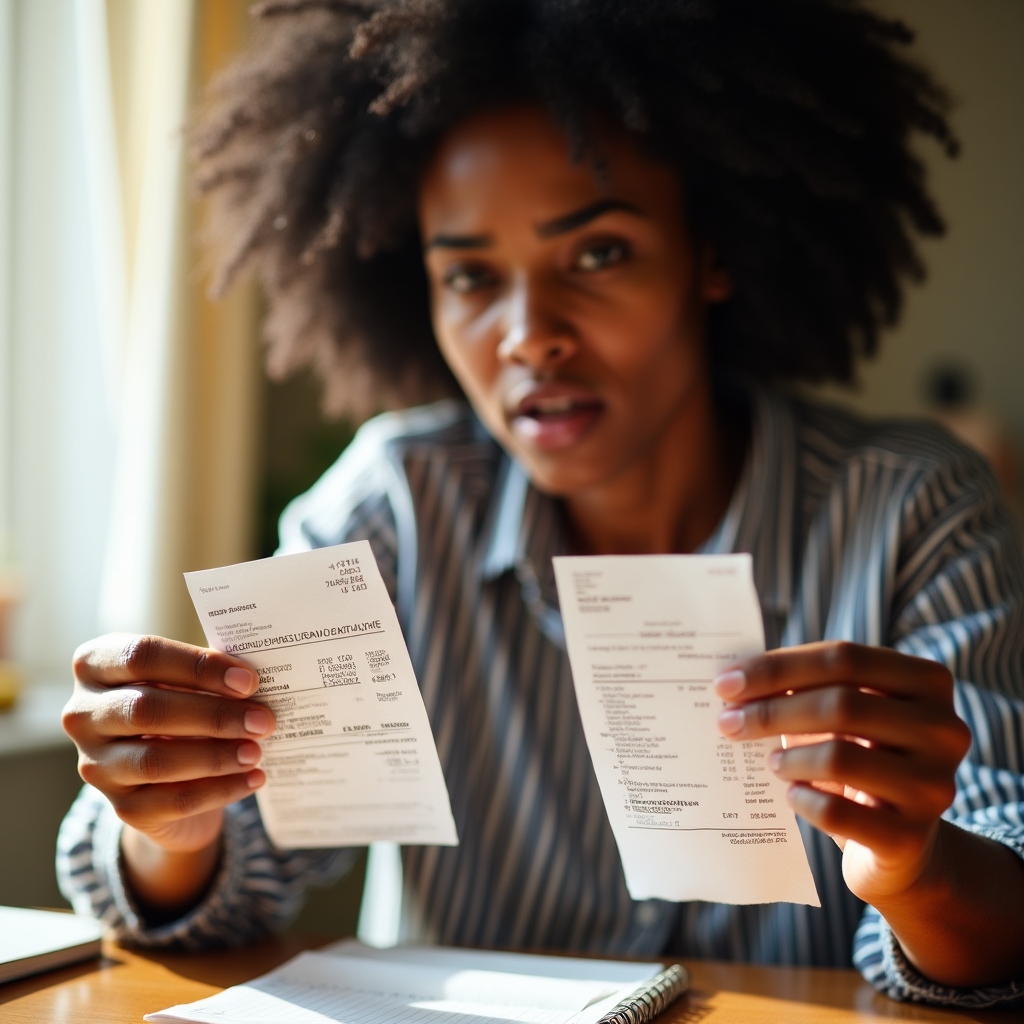 Person comparing grocery receipts from different months at home, showing price differences