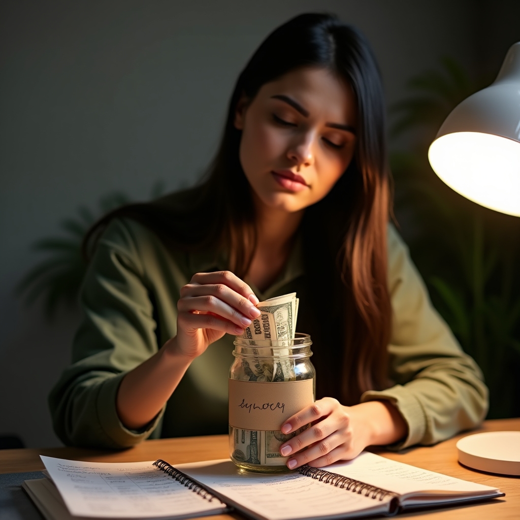 Young professional putting money into a savings jar at a home desk with notebooks nearby