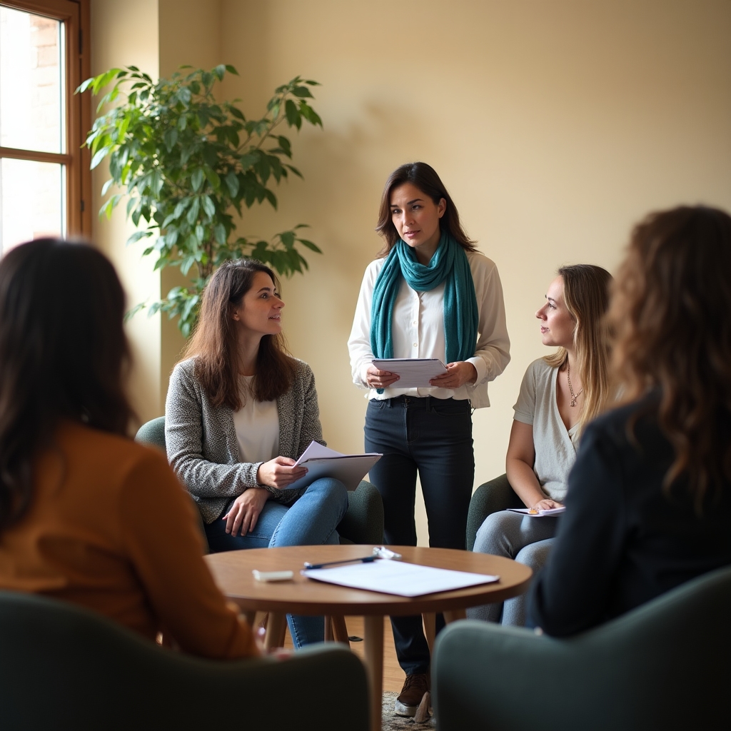 Small group workshop on saving strategies with participants taking notes