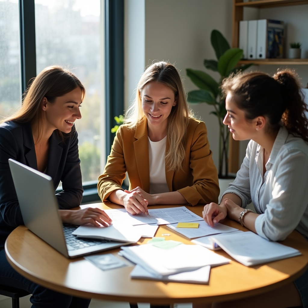 Team members collaborating on educational content development around a table