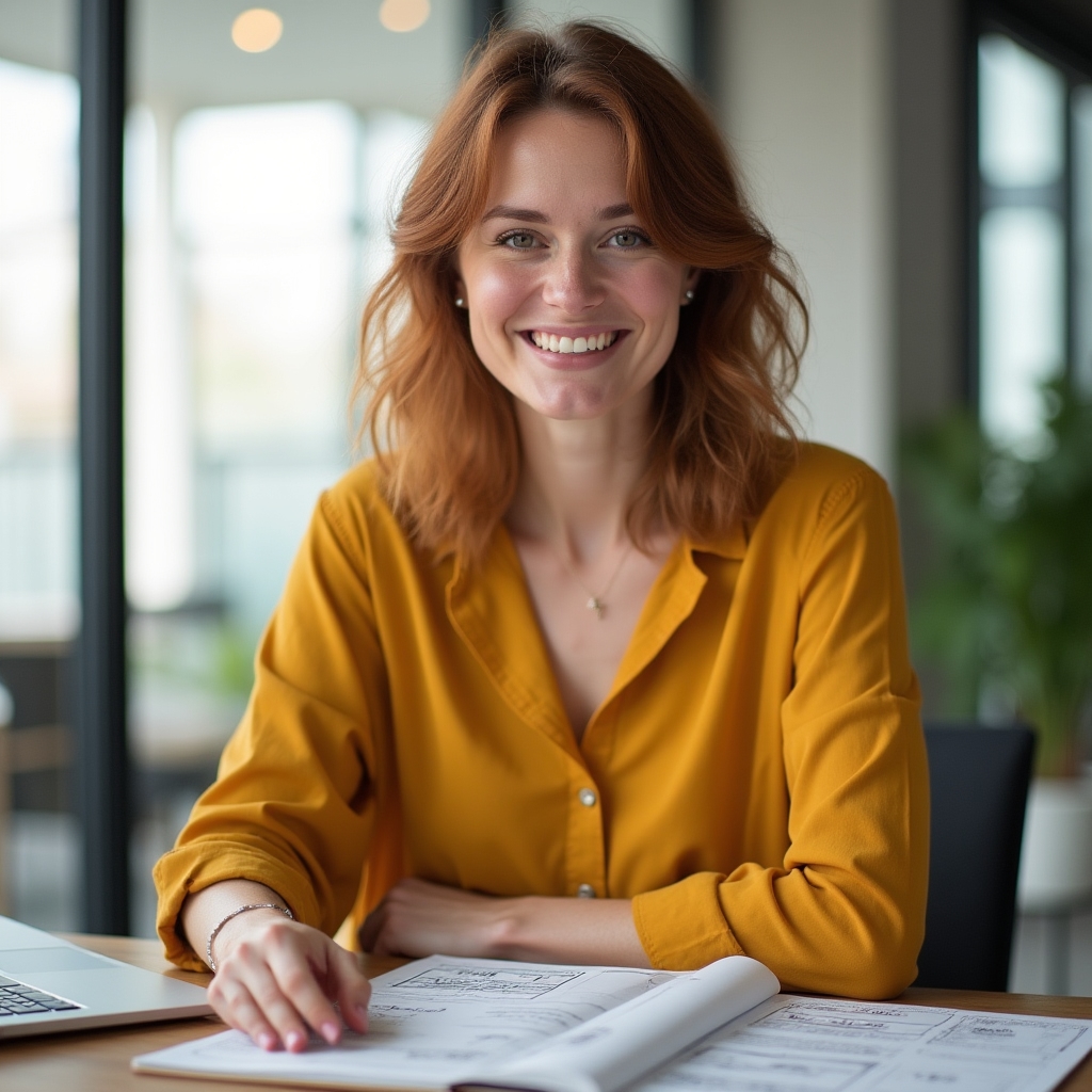 Female content communicator working on educational materials at a modern workspace