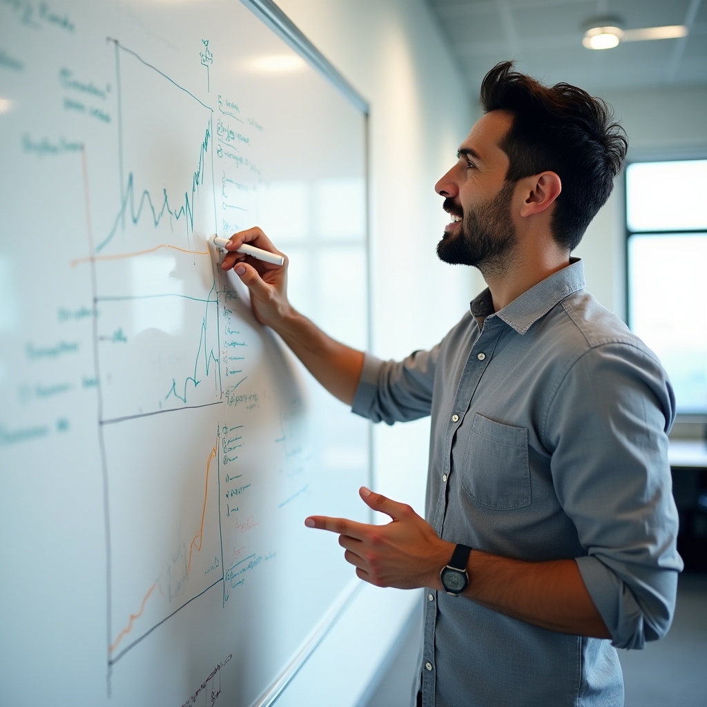 Male economist writing financial concepts on a whiteboard in an office setting