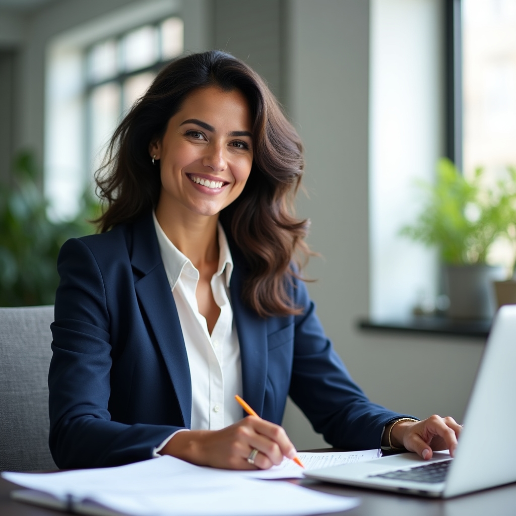 Female financial educator reviewing course materials at a desk
